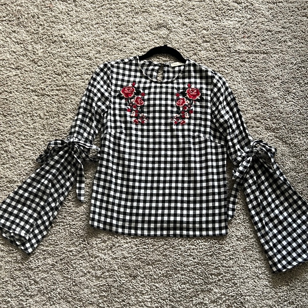 Anthropologie Chloe & Katie embroider flowers rose flannel Buffalo plaid top xs
